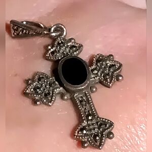 Vintage Onyx Marcasite Cross Sterling Silver Pendant